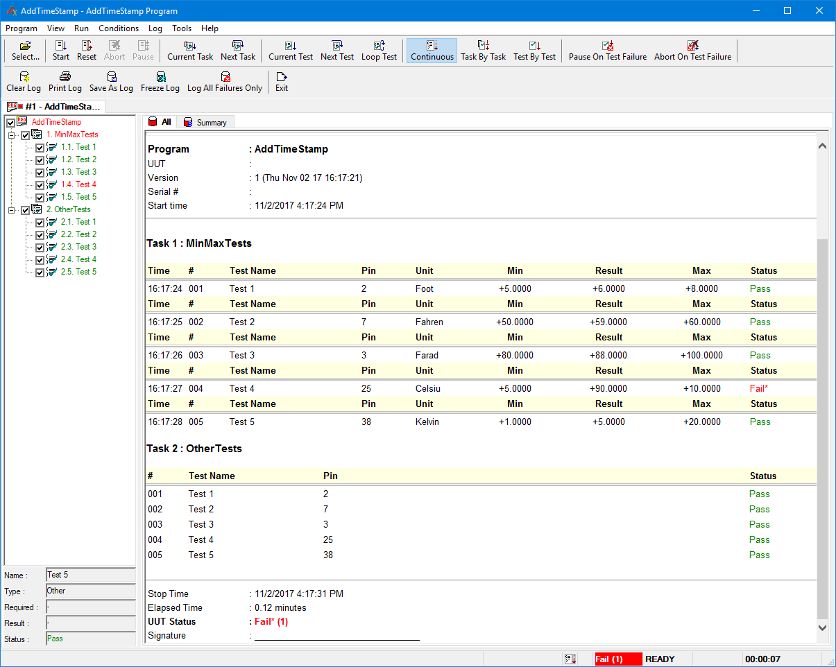 TestExec with time stamps added to Min/Max tests.